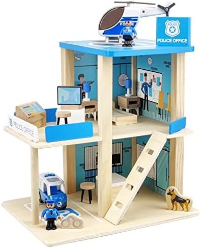 Wooden Police Station Playset Toy, Multicolor 3-Level P…